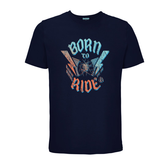 tee-shirt BORN TO RIDE bleu marine, détail de l'imprimé principal.
