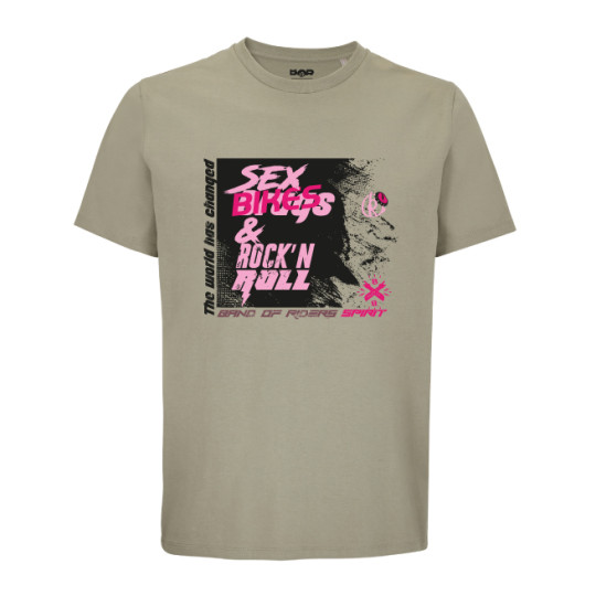 tee-shirt SEX BIKES kaki, détail de l'imprimé principal.